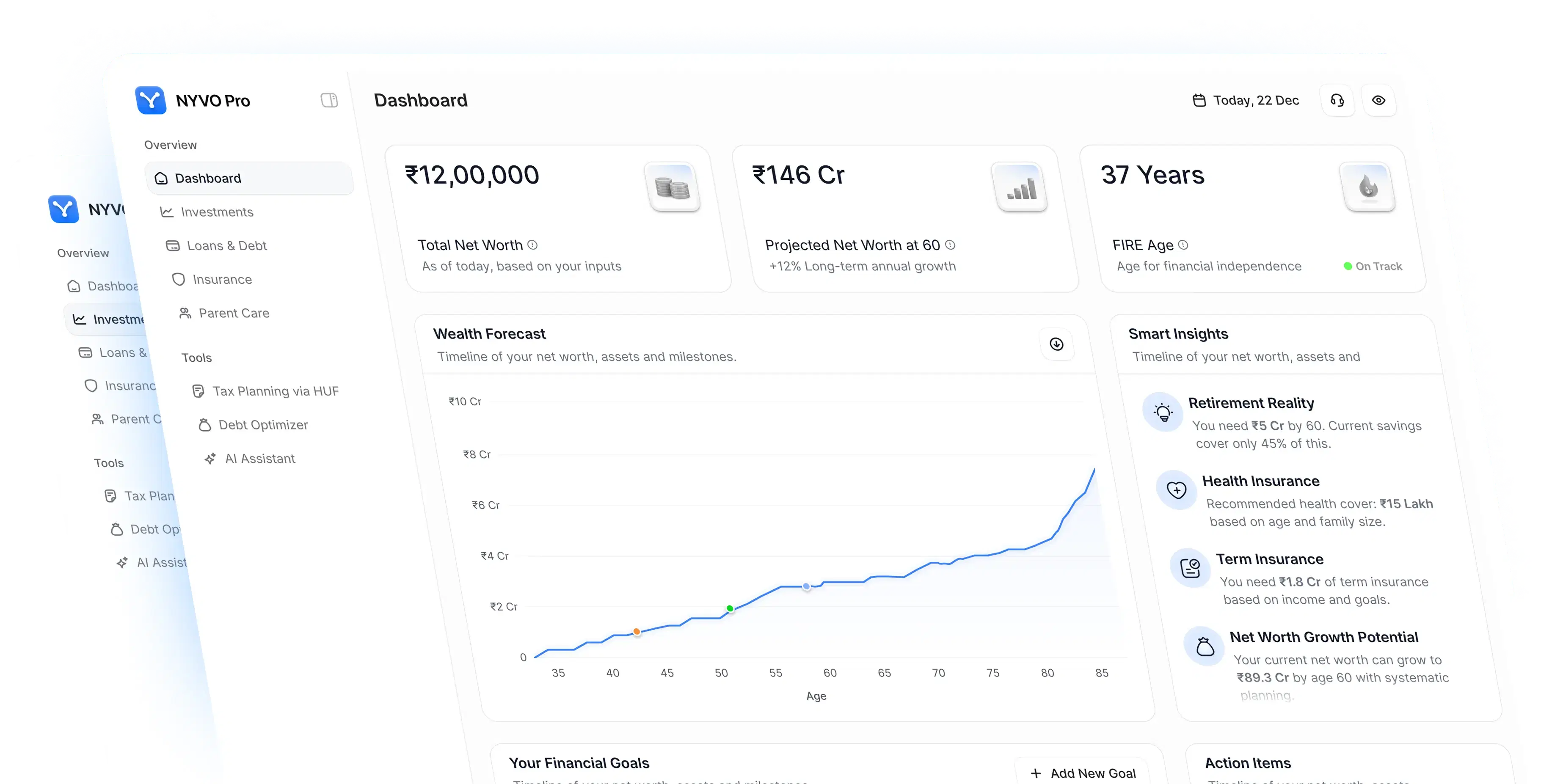 NYVO dashboard showing total net worth, projected net worth at 60, and FIRE age