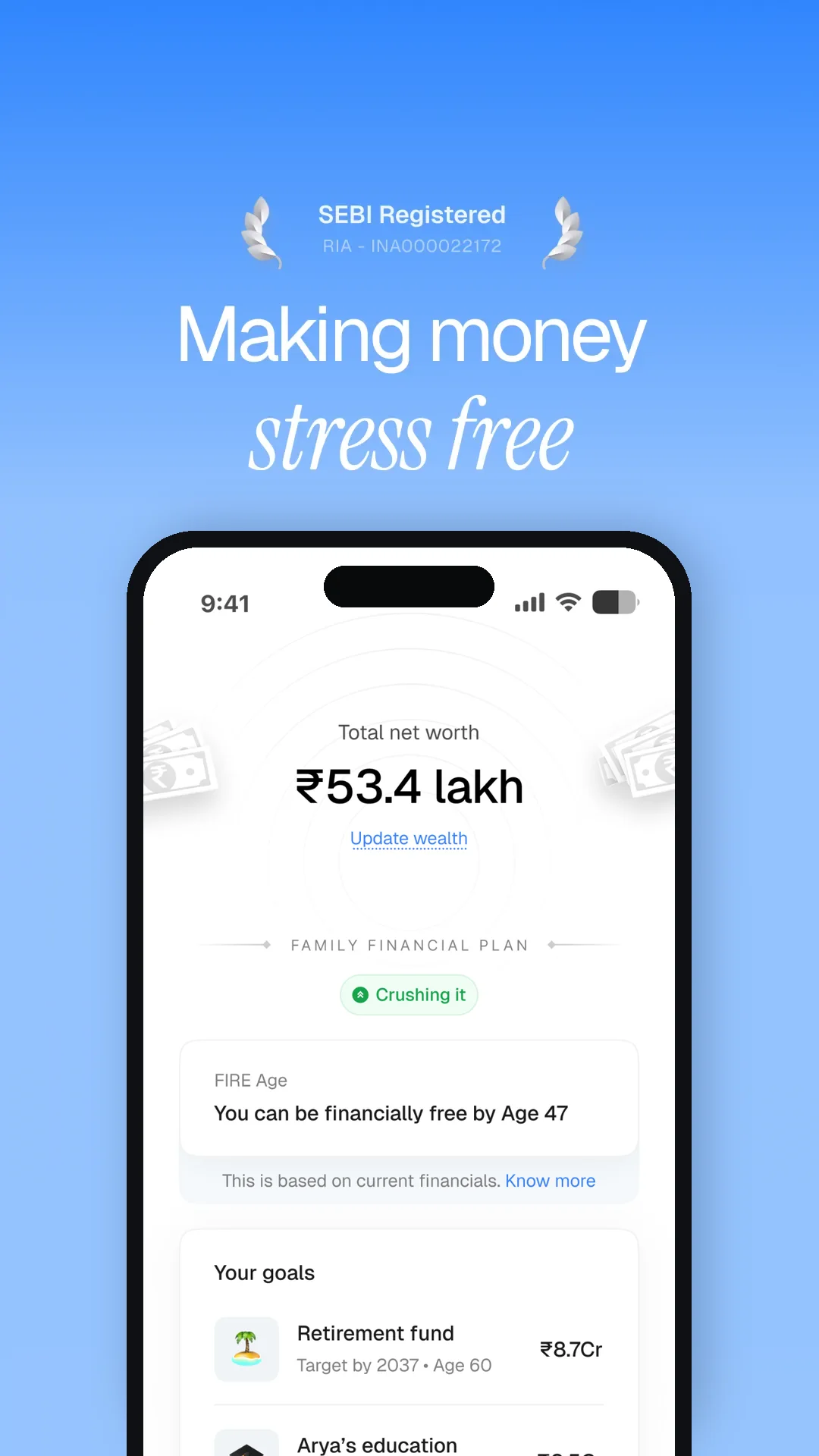 Dashboard – ₹53.4 lakh net worth, FIRE age 46, on track