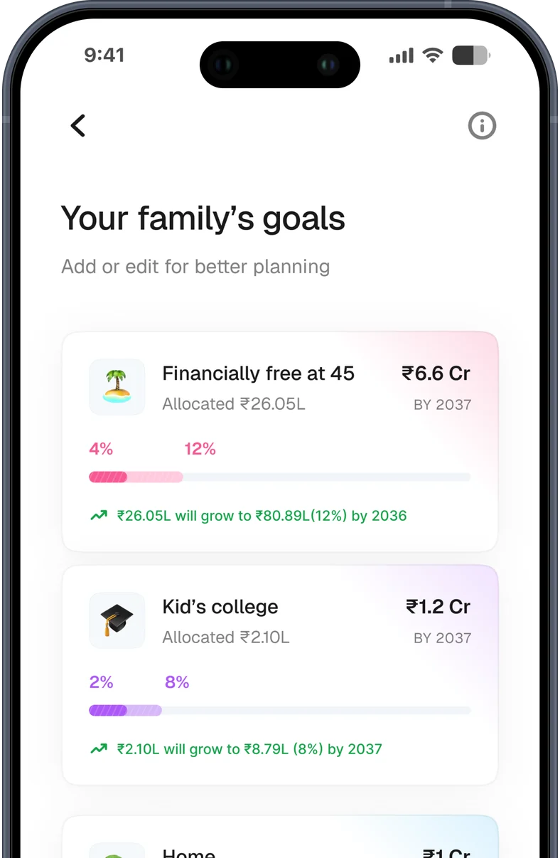 nyvo app – family goals screen listing financially free at 45, a child's college fund and a home, each with a target amount and target year