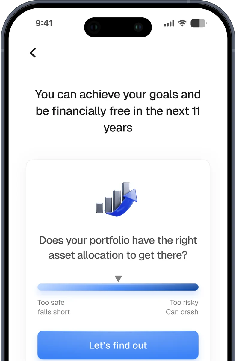 nyvo app – projection screen showing the year the family becomes financially free, and asking whether the current portfolio has the right asset allocation to get there